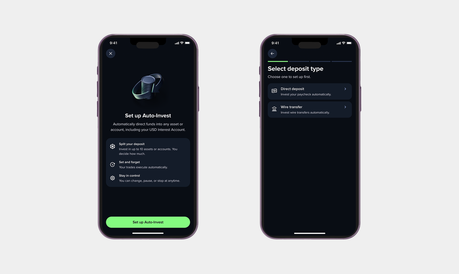 Set up Auto-Invest and Select deposit type screens
