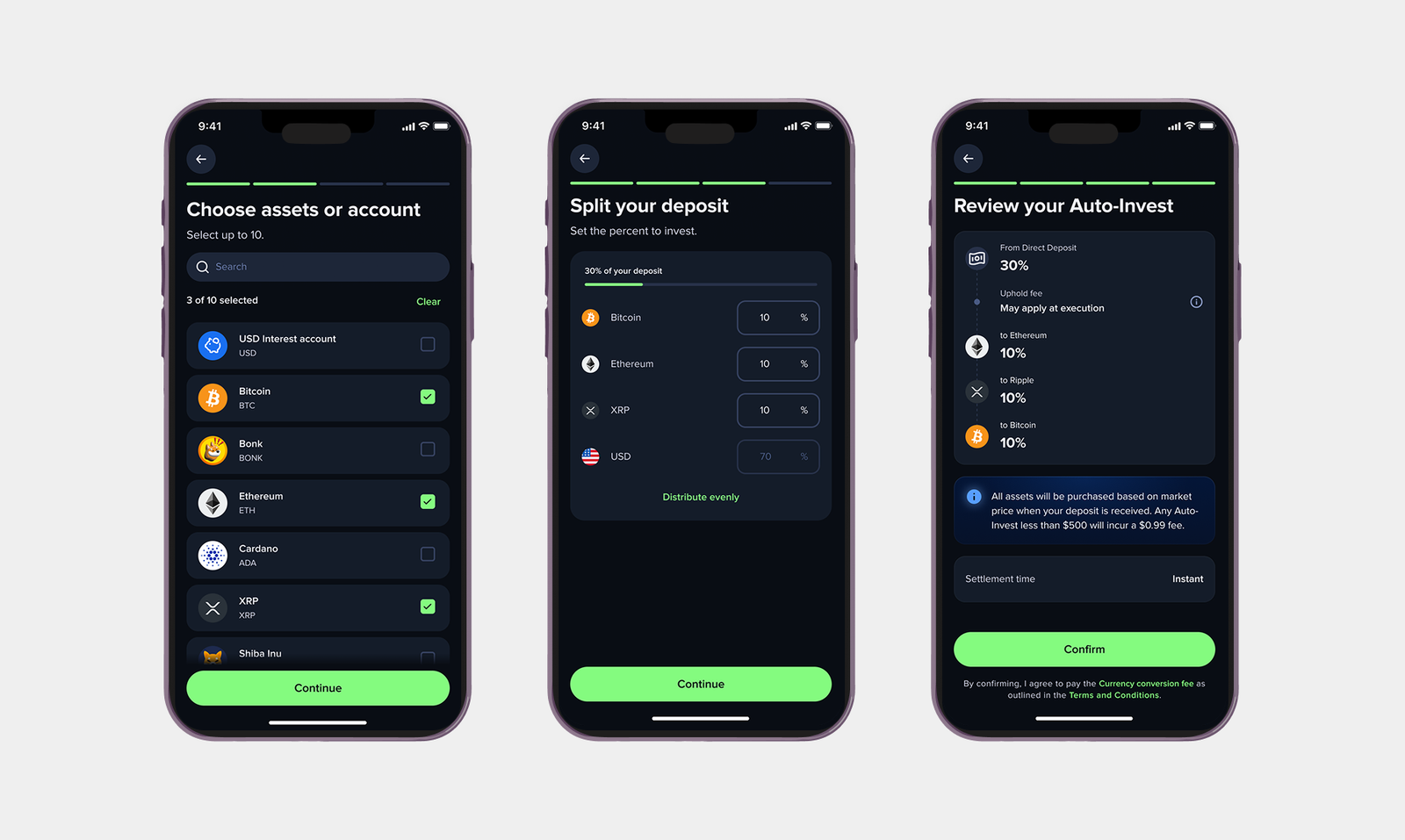 Choose assets, split deposit, and review Auto-Invest screens