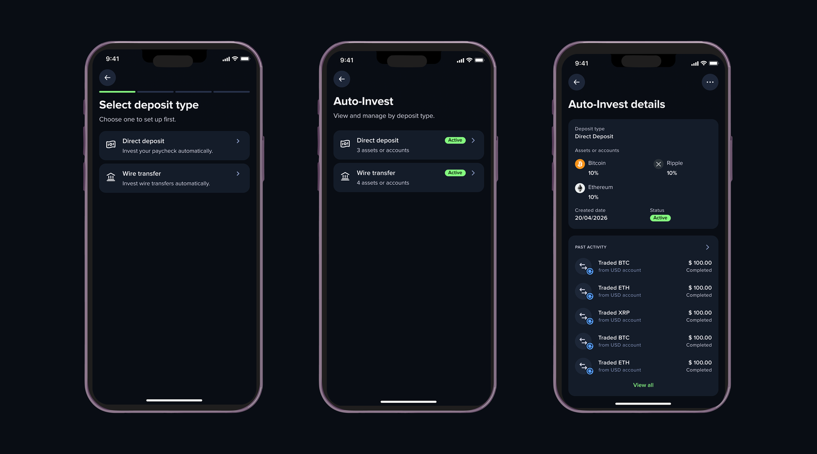 Auto-Invest — Select deposit type, manage rules, and view details