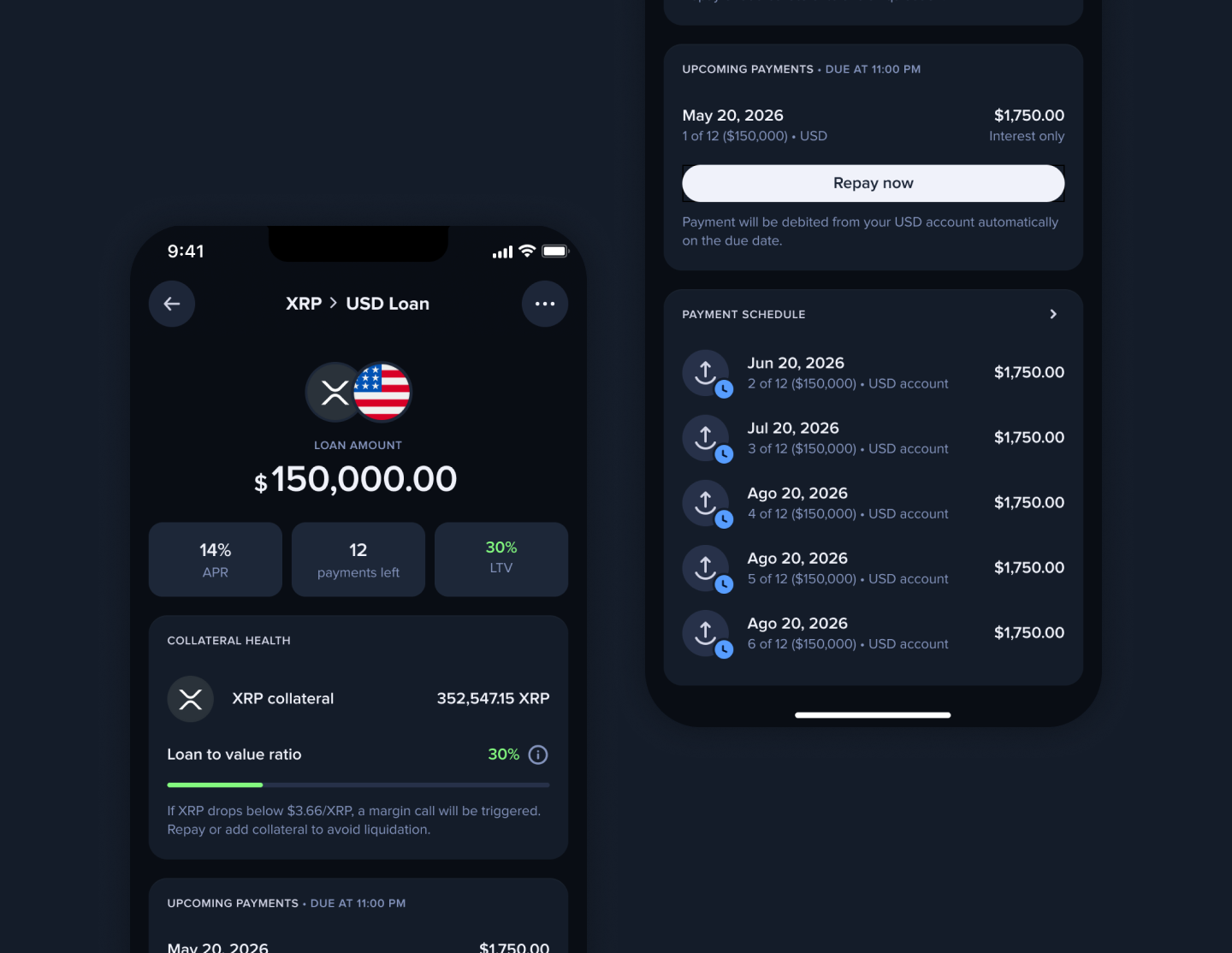 Uphold CeFi lending — XRP loan detail and payment schedule