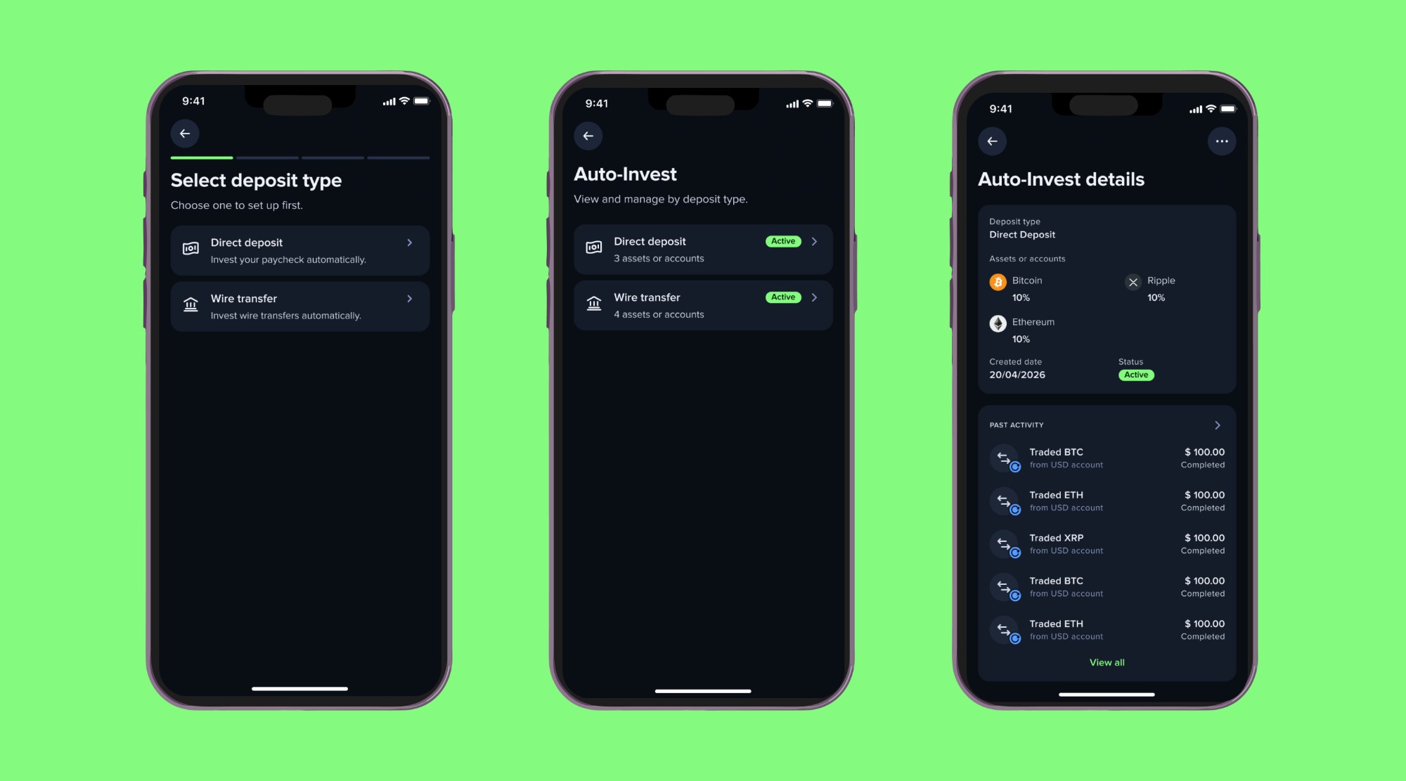 Auto-Invest — Select deposit type, manage rules, and view details