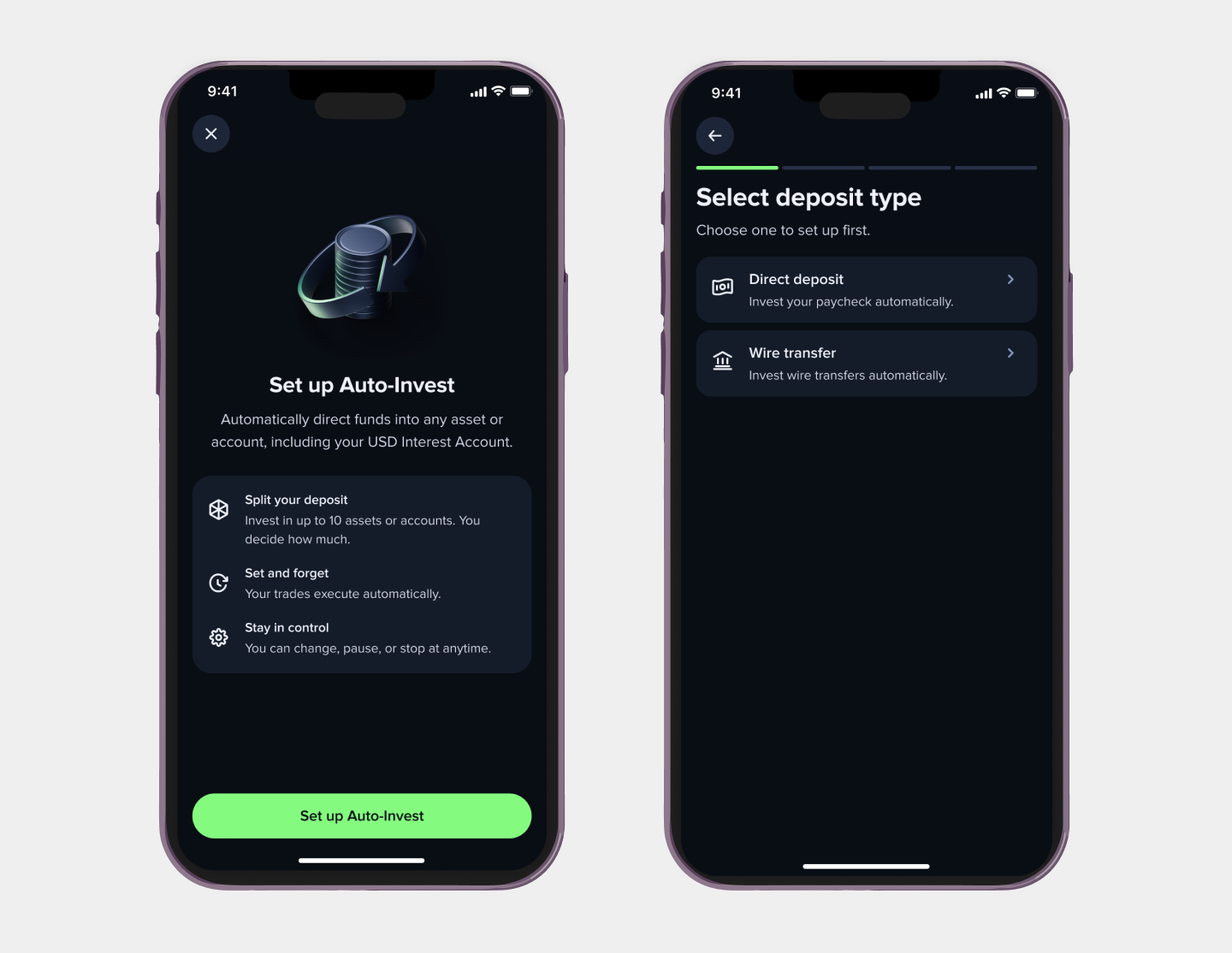 Auto-Invest — set up and select deposit type screens