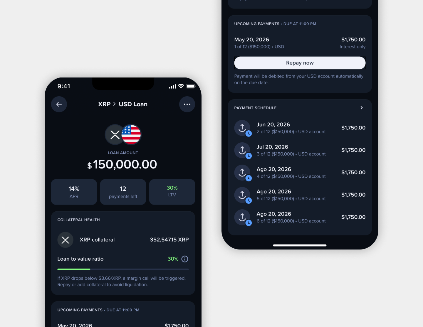 Uphold CeFi lending — XRP loan detail and payment schedule